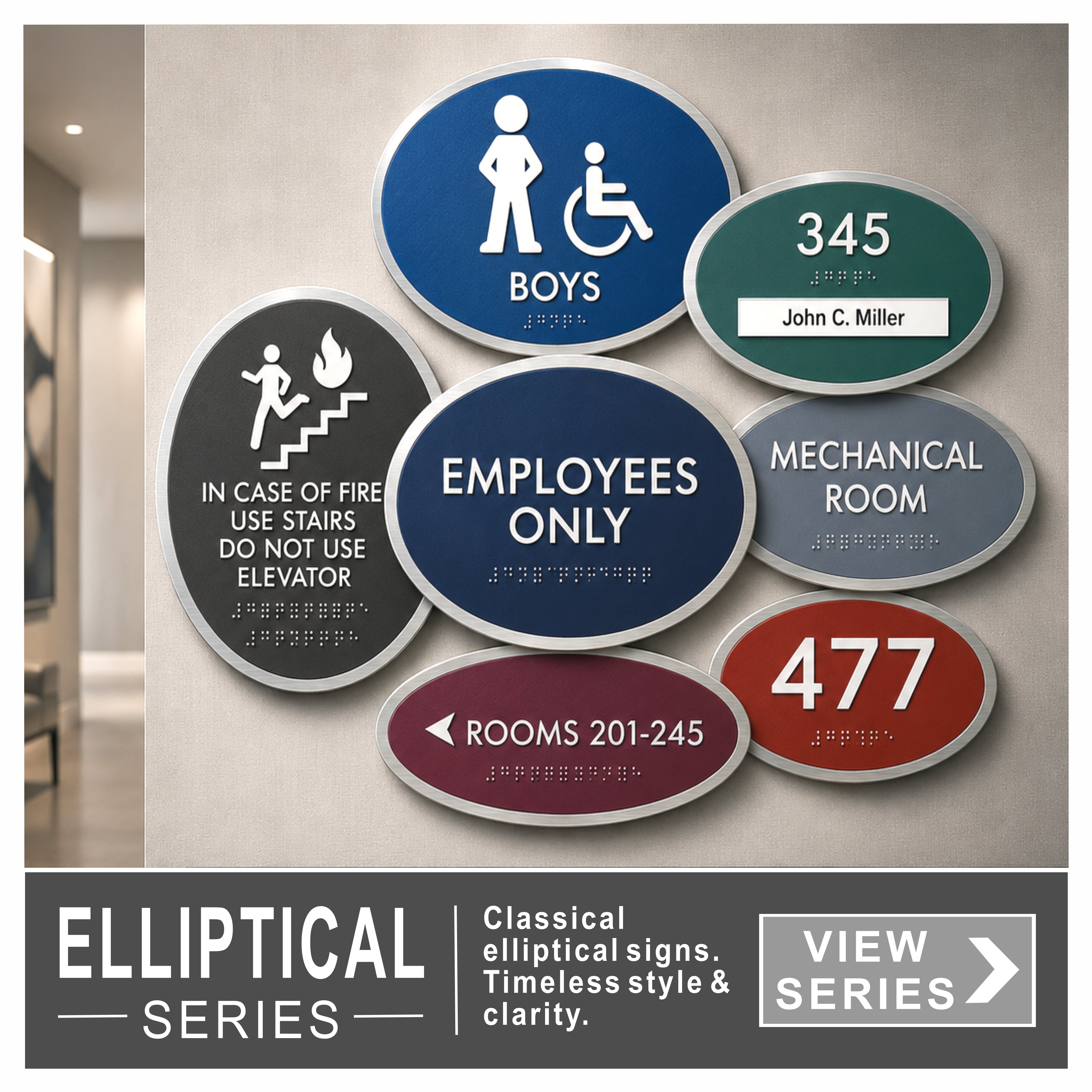 Elliptical architectural ADA braille sign series.